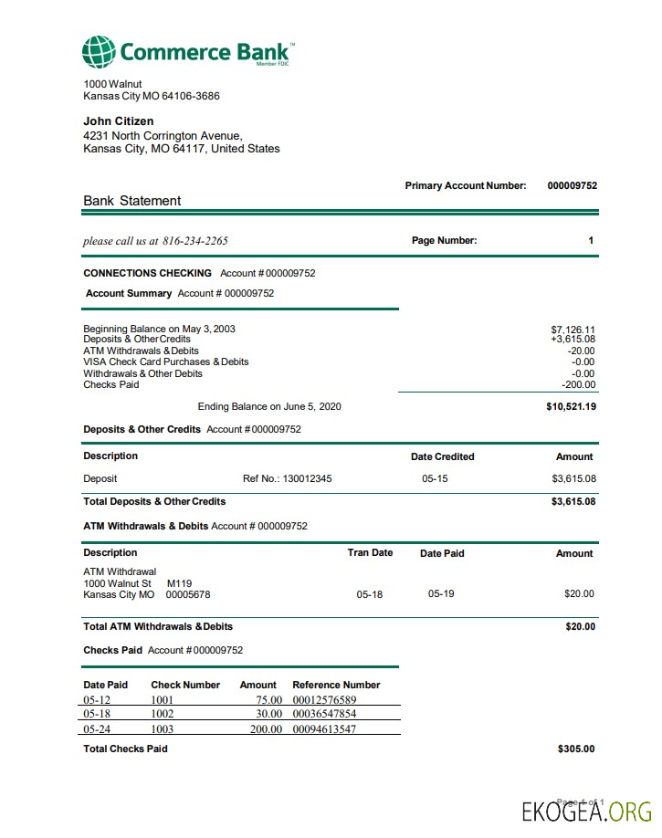 Modèle de relevé de preuve d'adresse de la banque USA Commerce au format Word et PDF